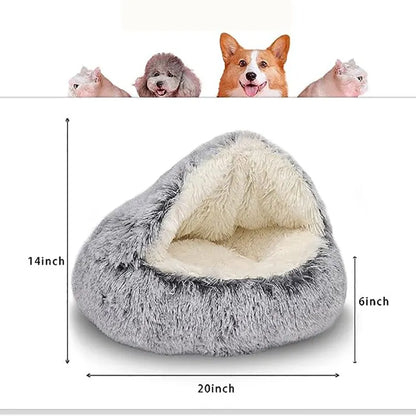 Cama de felpa suave con funda para gatos y perros con colchón redondo, cueva cálida para dormir 2 en 1